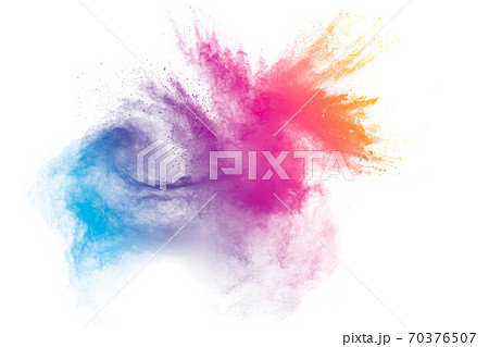 Pastel color dust particle splashing.Colorful powder explosion on white background. 70376507