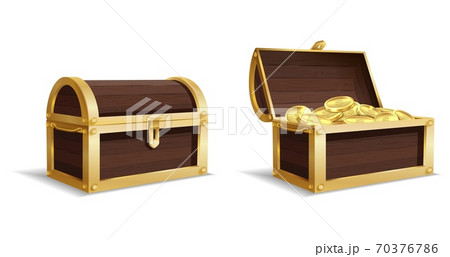 Two large chests. Open, closed chest, pile of gold coins inside vintage wooden trunk, medieval mystery pirate treasures, prize profit or success symbol vector set on white background Two large chests. Open, closed chest, pile of gold coins inside vintage wooden trunk, medieval mystery pirate treasures, prize profit or success symbol vector set on white background 70376786