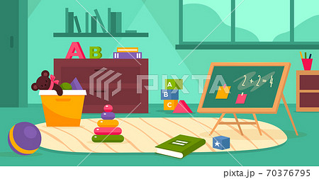 Kindergarten room. Kids playroom with toys, ball and books furniture without children. Preschool class empty nursery interior, playground and education area vector flat illustration Kindergarten room. Kids playroom with toys, ball and books furniture without children. Preschool class empty nursery interior, playground and education area vector flat illustration 70376795