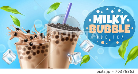 Bubble tea. Asian milk boba tea drink with tapioca pearls, plastic cup with cool beverage bubbles splash and closed glass sweet liquid dessert with balls, realistic vector horizontal flyer 70376862