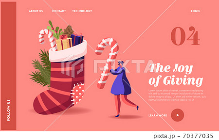 Xmas Decor Landing Page Template. Tiny Character Prepare for Christmas or New Year Celebration. Woman Carry Candy Cane Xmas Decor Landing Page Template. Tiny Character Prepare for Christmas or New Year Celebration. Woman Carry Candy Cane 70377035