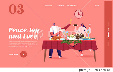 Young Couple Christmas Dinner Landing Page Template. Happy Characters Celebrating Xmas Holiday at Table with Turkey Young Couple Christmas Dinner Landing Page Template. Happy Characters Celebrating Xmas Holiday at Table with Turkey 70377038