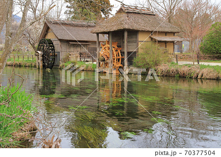 安曇野 早春の水車小屋の写真素材
