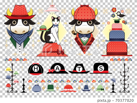 色々な帽子のイラスト「帽子牛と猫と鳥」HATSのイラスト素材 [70377820