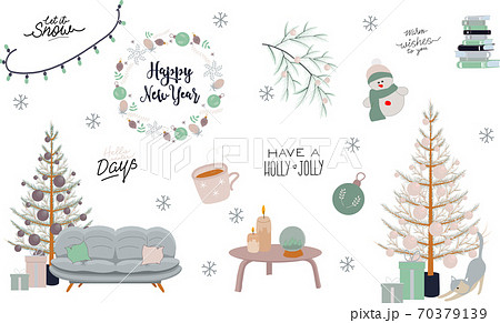 Christmas set with of isolated festive elements such as snowman, candies, garlands, heart,   70379139