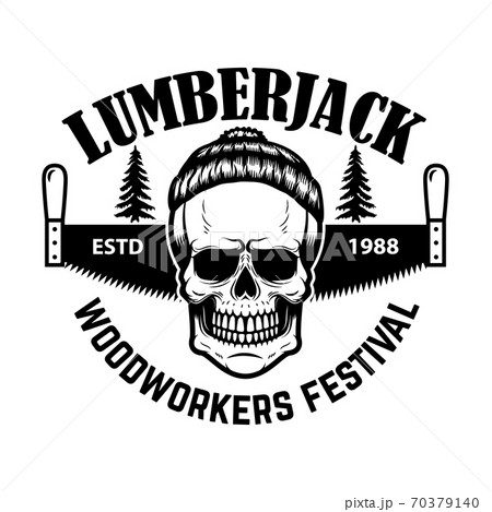 Lumberjack emblem. Skull with hand saw. Design element for logo, label, emblem, sign. Lumberjack emblem. Skull with hand saw. Design element for logo, label, emblem, sign. 70379140