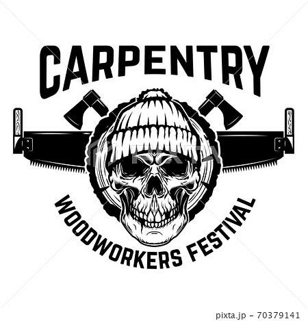 Lumberjack emblem. Skull with hand saw. Design element for logo, label, emblem, sign. Lumberjack emblem. Skull with hand saw. Design element for logo, label, emblem, sign. 70379141