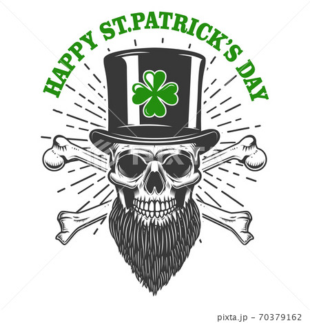 Happy saint patrick day. Irish Leprechaun skull with clover. Design element for poster, t-shirt, emblem, sign. Happy saint patrick day. Irish Leprechaun skull with clover. Design element for poster, t-shirt, emblem, sign. 70379162