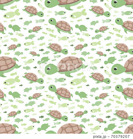 Cute Turtle Pattern With Fishes On White のイラスト素材