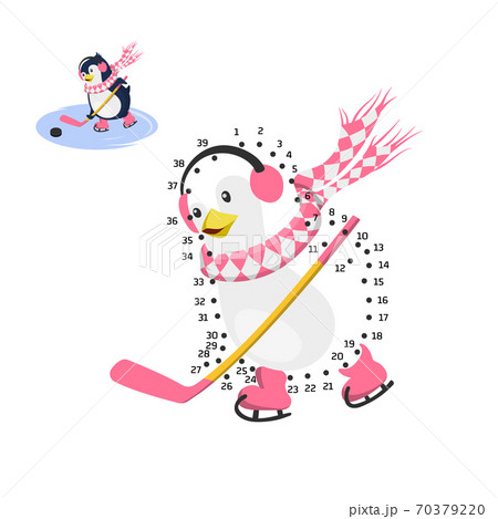 Dot to dot game. Educational number puzzle for kids. Penguin playing hockey. Funny bird in cartoon style. Isolated cute character 70379220