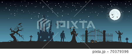 Halloween banner with fantasy silhouettes. Landscape of cemetary with mummy, death and frankenstein. Holiday scene of october party Halloween banner with fantasy silhouettes. Landscape of cemetary with mummy, death and frankenstein. Holiday scene of october party 70379396