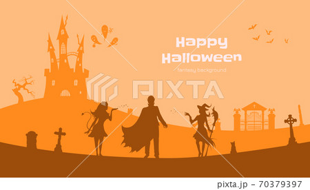 Halloween banner with fantasy silhouettes. Landscape of cemetary with witch, vampire and devil. Holiday scene of october party 70379397