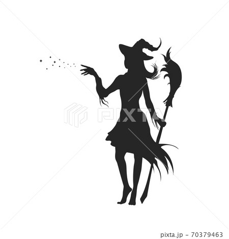 Black silhouette of witch with hat. Halloween party. Isolated image of conjuring sorcerer. Young mage with broom. Elegant withard Black silhouette of witch with hat. Halloween party. Isolated image of conjuring sorcerer. Young mage with broom. Elegant withard 70379463