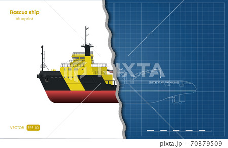 Outline blueprint of rescue ship on white background. Top, side and front view. Industry 3d drawing in realistic style. Isolated image of boat 70379509