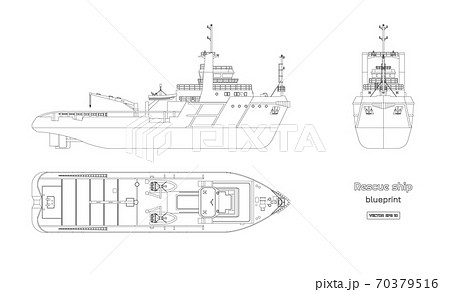 Outline blueprint of rescue ship on white background. Top, side and front view. Industry drawing. Isolated image of boat 70379516