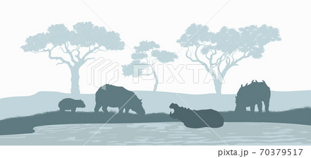 Black silhouette of hippopotamus family. Scene with hippos. Landscape of wild african animals. Savannah panorama 70379517