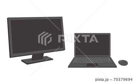 ノートpcと大画面ディスプレイのデュアルモニターのイラスト 白背景のイラスト素材