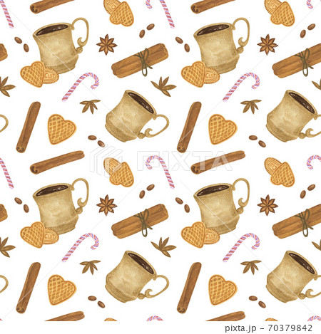 Repeat pattern of winter hot drink cup and cinnamon watercolor illustration of food dessert image, menu, greeting card, seamless winter holidays celebration design, simple pattern Repeat pattern of winter hot drink cup and cinnamon watercolor illustration of food dessert image, menu, greeting card, seamless winter holidays celebration design, simple pattern 70379842