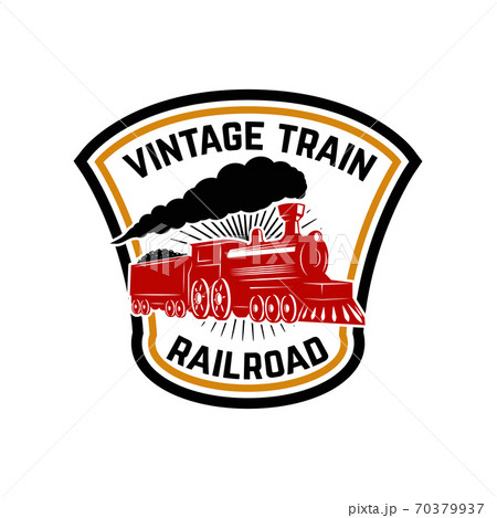 Emblem template with retro train. Rail road. Locomotive. Design element for logo, label, emblem, sign. 70379937