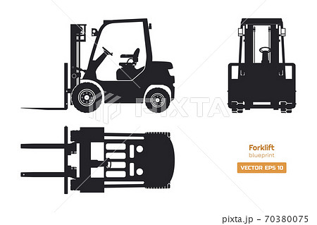 Black Silhouette Of Forklift Top Side And のイラスト素材