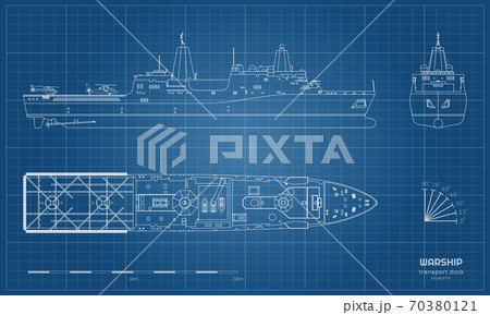 Outline blueprint of military ship. Top, front and side view. Battleship model. Industrial isolated drawing of boat. Warship USS 70380121