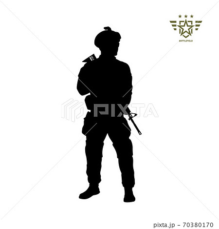 Black silhouette of standing american soldier. USA army. Military man with weapon. Isolated warrior image Black silhouette of standing american soldier. USA army. Military man with weapon. Isolated warrior image 70380170