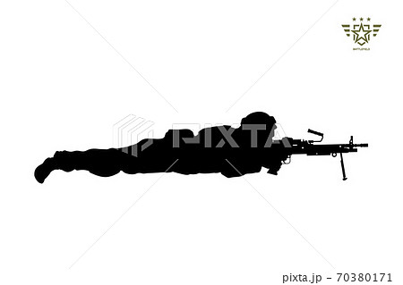Black silhouette of lying american soldier with machine gun. USA army. Military man with weapon. Isolated warrior imag Black silhouette of lying american soldier with machine gun. USA army. Military man with weapon. Isolated warrior imag 70380171