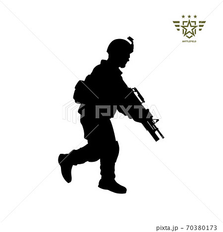 Black silhouette of running american soldier. USA army. Military man with weapon. Isolated warrior image Black silhouette of running american soldier. USA army. Military man with weapon. Isolated warrior image 70380173