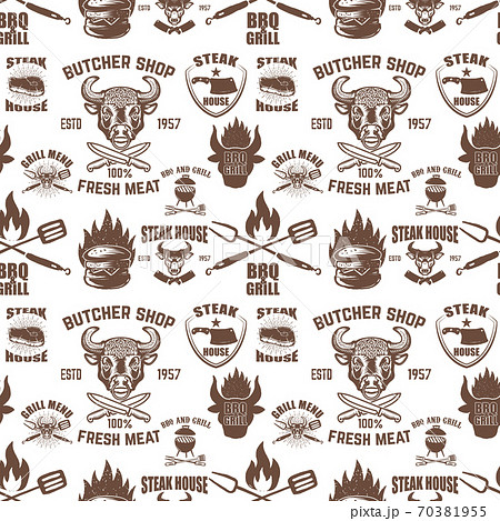 Seamless pattern with steak house symbols. Grill, bbq, fresh meat. Design element for poster, menu, flyer, banner, menu, package. Seamless pattern with steak house symbols. Grill, bbq, fresh meat. Design element for poster, menu, flyer, banner, menu, package. 70381955