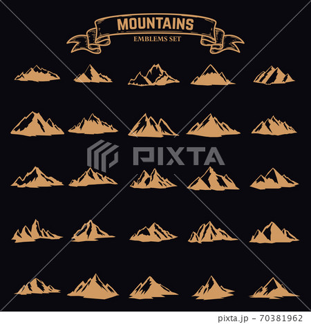 Set of mountain icons in golden style isolated on dark background. Design elements for logo, label, emblem, sign. Vector illustration Set of mountain icons in golden style isolated on dark background. Design elements for logo, label, emblem, sign. Vector illustration 70381962
