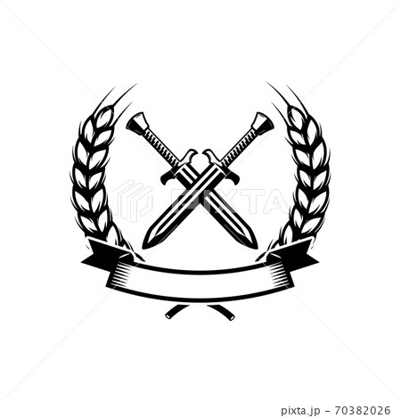 Emblem template with crossed swords. Design element for logo, label, emblem, sign. Emblem template with crossed swords. Design element for logo, label, emblem, sign. 70382026