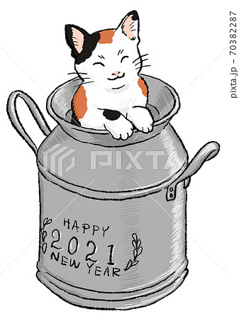 2021年 丑年の年賀状素材 にゃん賀状 ミルク缶から顔を出す三毛猫 2021年 丑年の年賀状素材 にゃん賀状 ミルク缶から顔を出す三毛猫 70382287