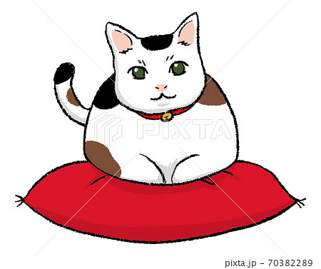 21年 丑年の年賀状素材 にゃん賀状 座布団に座る香箱座りの三毛猫のイラスト素材 7032
