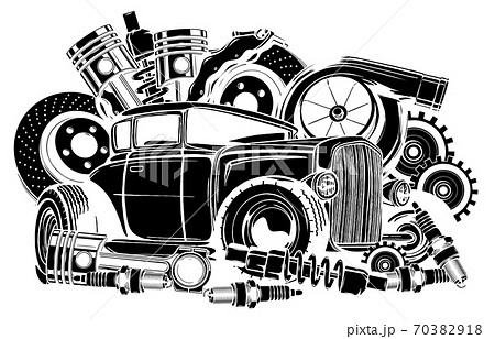 Vector illustration of Car Spares Frame and parts black silhouette 70382918