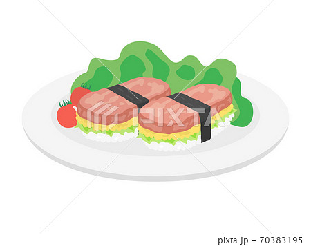 皿に盛られたランチョンミートのおむすびイラスト 70383195