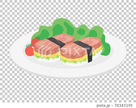 皿に盛られたランチョンミートのおむすびイラスト 70383195
