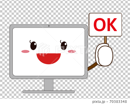 A computer with a smiling face that has an OK tag A computer with a smiling face that has an OK tag 70383348