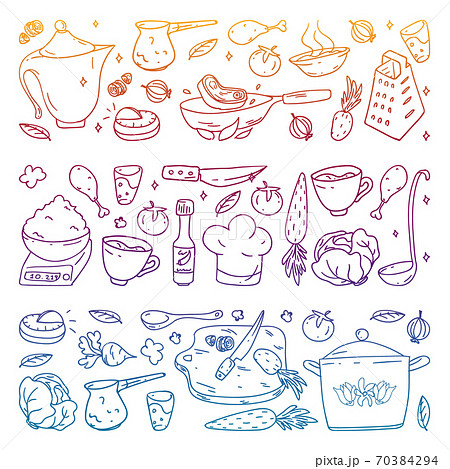 Vector set of cooking, gastronomy, vector cuisine and fast food cafe icons in doodle style. Painted, colorful, gradient, on a sheet of checkered paper on a white background. Vector set of cooking, gastronomy, vector cuisine and fast food cafe icons in doodle style. Painted, colorful, gradient, on a sheet of checkered paper on a white background. 70384294