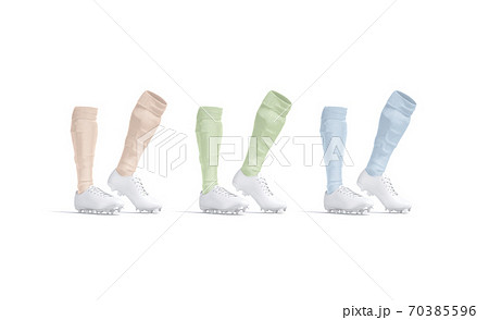 Blank white soccer boots with colored socks mockup on tiptoe 70385596