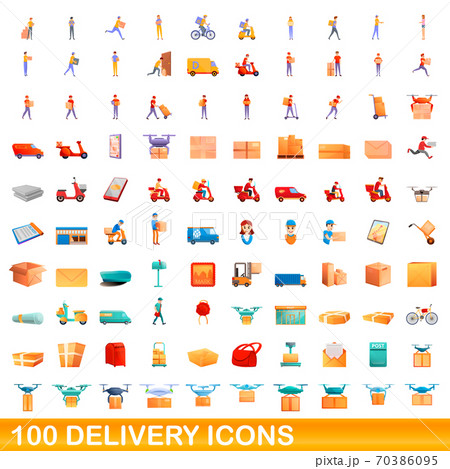 100 Delivery Icons Set Cartoon Styleのイラスト素材
