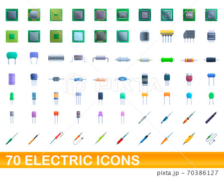 70 electric icons set, cartoon style 70386127