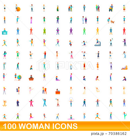 100 woman icons set, cartoon style 100 woman icons set, cartoon style 70386162