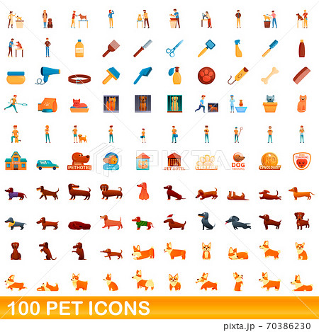 100 Pet Icons Set Cartoon Styleのイラスト素材