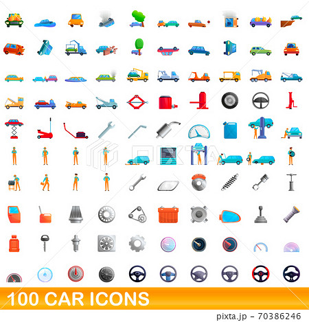 100 car icons set, cartoon style 70386246