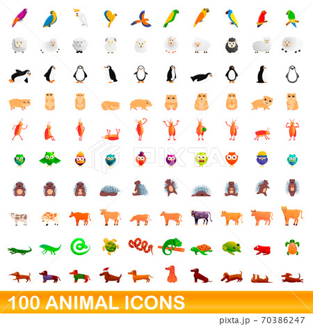 100 animal icons set, cartoon style 70386247