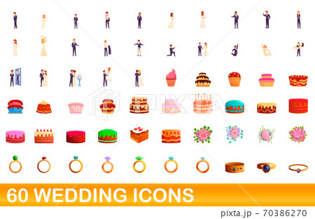 60 wedding icons set, cartoon style 70386270