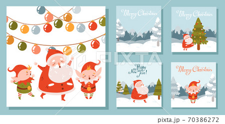 Set of Christmas square illustrations with Santa and elves. Winter landscape 70386272