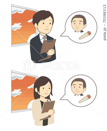 上司のハンコを待つ会社員　柘　上半身(線無し) 70386313