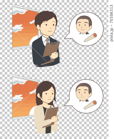 上司のハンコを待つ会社員　柘　上半身(線無し) 70386313