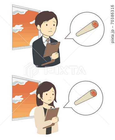 ハンコ待ち状態の会社員　柘　上半身(線無し) 70386316